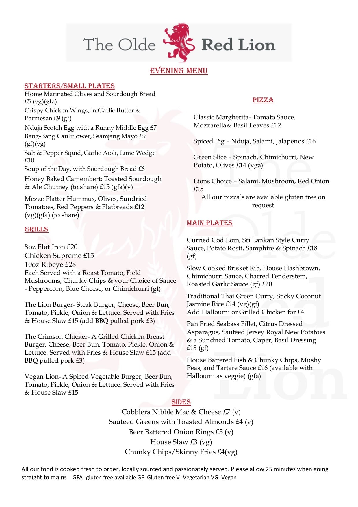 Menus | The Olde Red Lion | Pub & Restaurant in Kislingbury