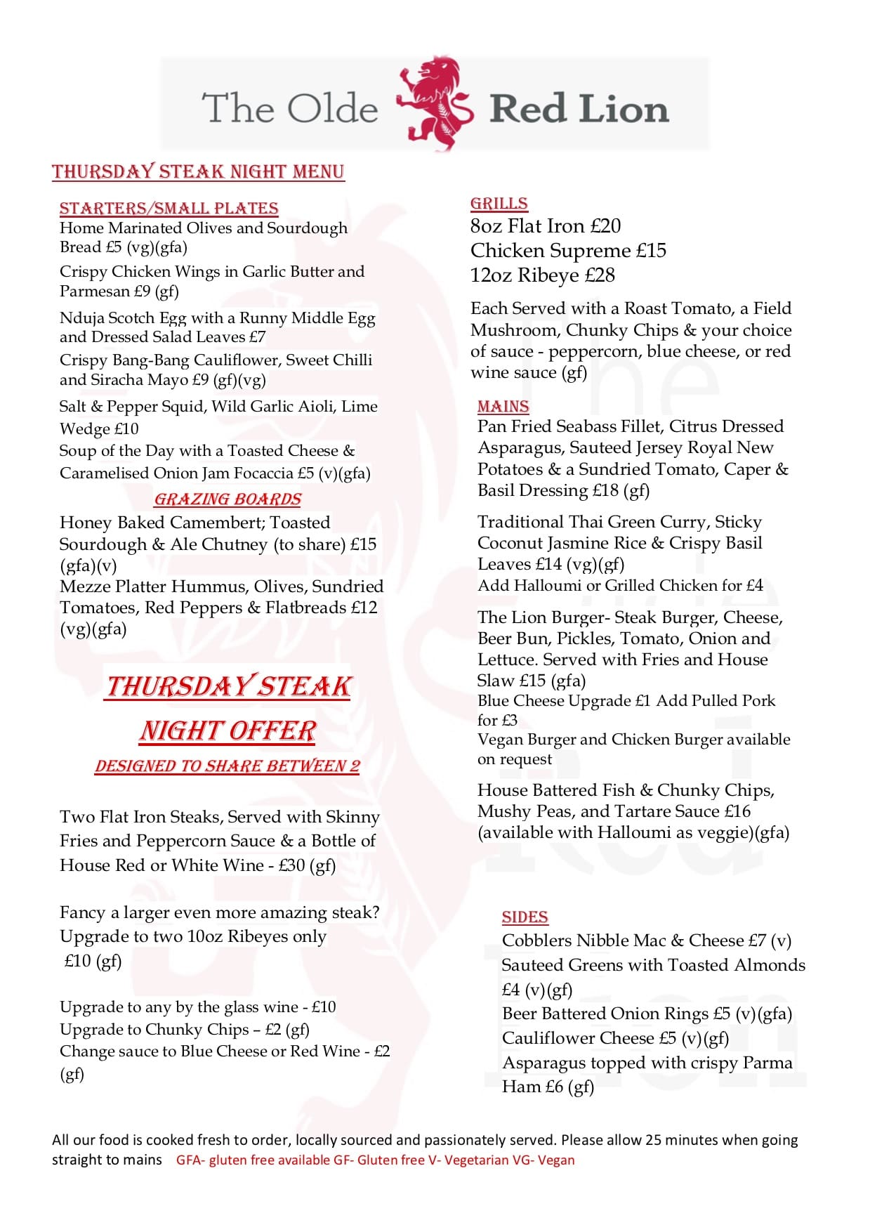 Menus | The Olde Red Lion | Pub & Restaurant in Kislingbury